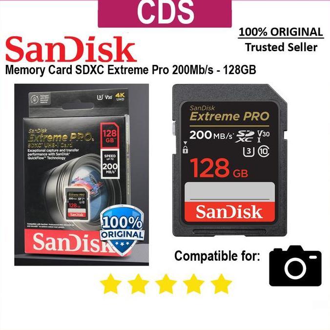 TERBARU - Sandisk SDXC Extreme PRO Class 10 (200Mb/s) - 128GB - Original - For DSLR & Mirrorless - M