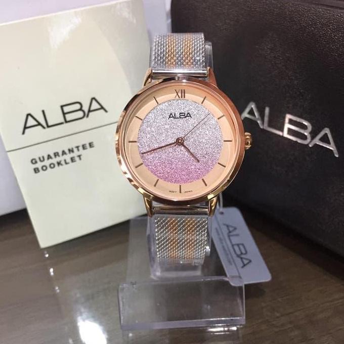 Alba Fashion Jam Tangan Wanita AH8630 / AH8630X1 Quartz Pink Sparkling Dial Two Tone Silver-Gold Ros