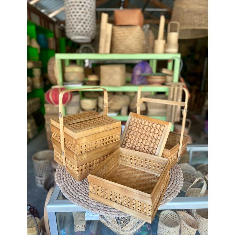 BIG SALE Rantang Bambu Kotak 25x25 cm susun 2 asap | Rantang Bambu Anyaman | Rantang Bambu Kotak | B