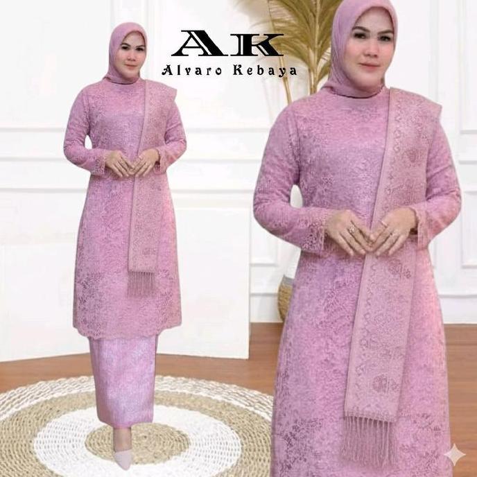Setelan Kebaya Tunik Brokat Kurung Mix Rok Songket Lilit Dengan Selendang Atasan Baju Kebaya Modern 