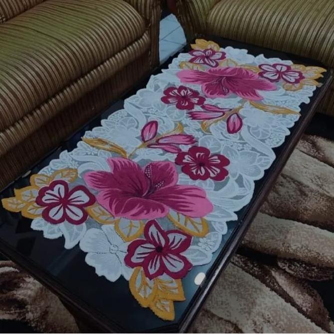 TAPLAK MEJA RUANG TAMU / TAPLAK MEJA TAMU MINIMALIS / TAPLAK MOTIF  BUNGA BESAR Taplak Meja Rajut