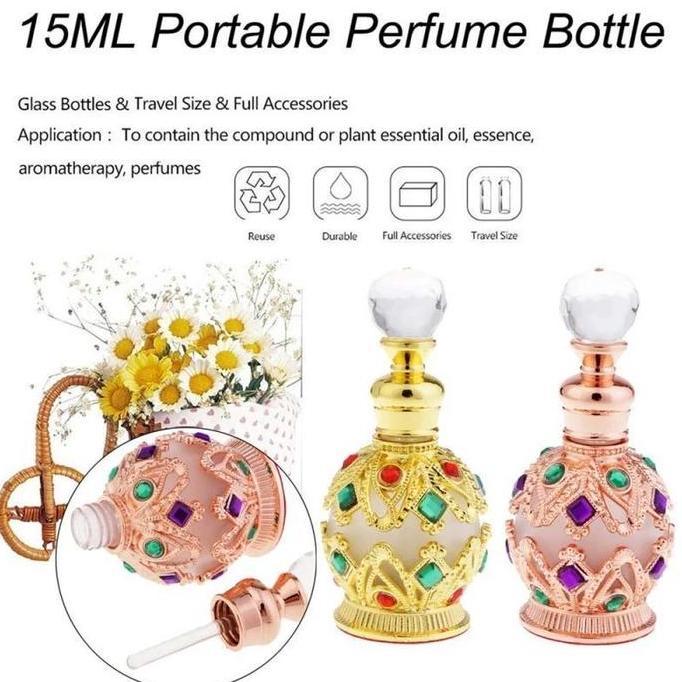 BUNDUQ Botol Kosong Parfum Arab 15ml Refillable Botol Kecil Kaca Hiasan Dekorasi Mewah Elegan