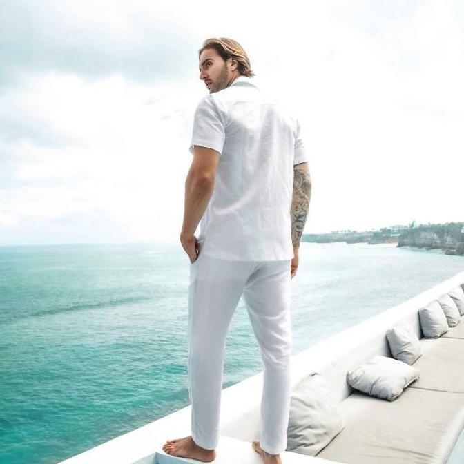 REMEDY Setelan Kemeja Celana Panjang Linen Pria Lengan Panjang Warna Putih - Uluwatu Linen Set TS