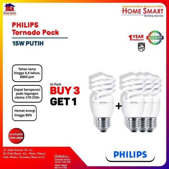 HARGA DISC - PHILIPS TORNADO PACK PUTIH 6500K Paket isi 3 + 1 Buah Lampu