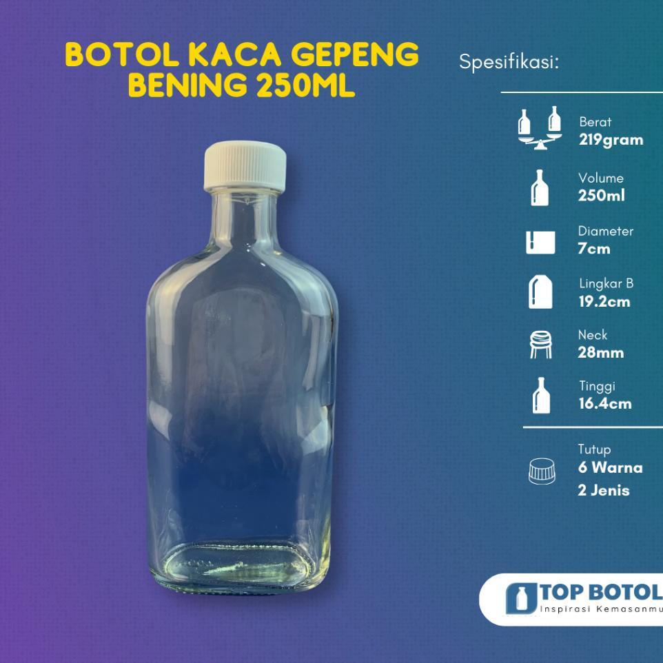 (Paket Isi 22Pcs) Botol Kaca Gepeng Bening 250Ml Botol Kaca 250Ml Botol Flat 250Ml Botol Kopi Bening