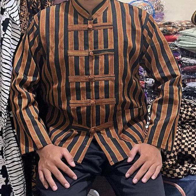 Salekom.Gh - Baju Lurik Pria Koko Shanghai Baju Adat Jawa Lurik Pria Free Blangkon