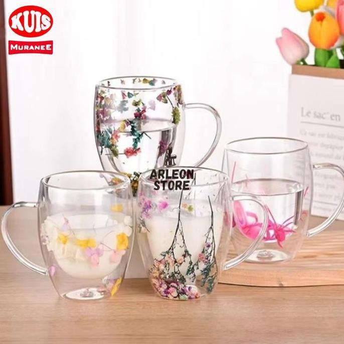 Gelas Kaca Double Wall Motif Bunga Gelas Minum Kaca Korea