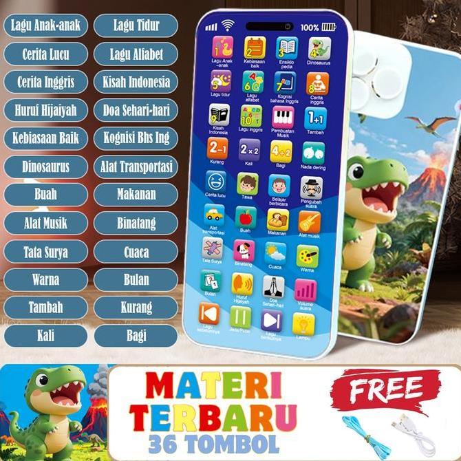 Mainan HP Edukasi Balita Baby Smart Phone Muslim Bersuara 36 Tombol Music Light Bisa Recharge USB Ma