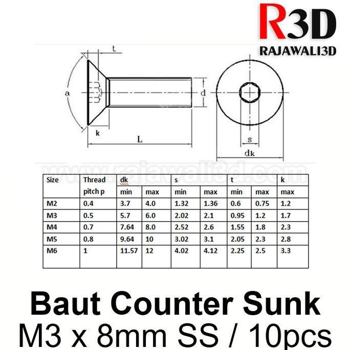 Baut L Countersunk M3 X 8mm 10pcs Stainless