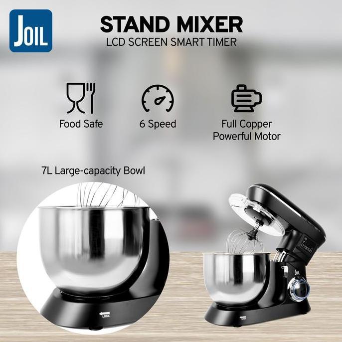 Joil Stand Mixer 7 Liter Dengan Timer Off 6 Speed Mangkuk Stainless Steel Lengkap Dengan 3 Alat Peng