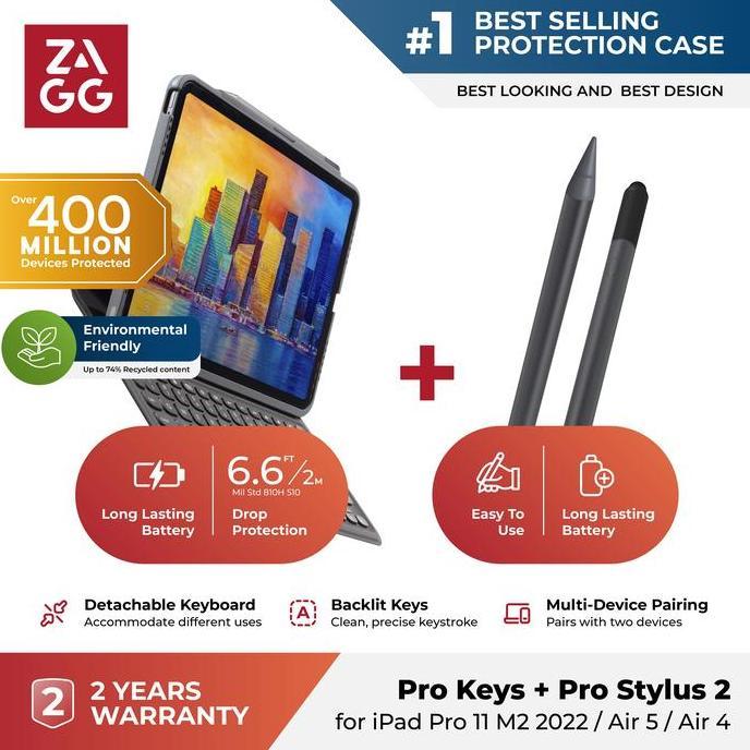 [Paket Hemat] Original ZAGG Prokeys Keyboard Compatible for iPad Air 6 / 5 / 4 with ZAGG Pro Stylus 