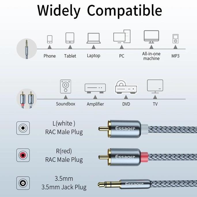 Kabel RCA ke Jack Aux 3.5mm - Kabel Audio HiFi 3.5mm to RCA 2 Meter - Essager AV117