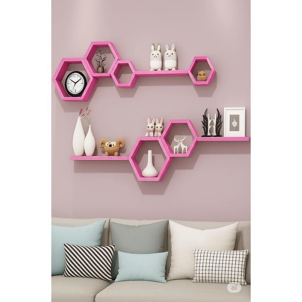 Rak Hexagonal Dinding Hexagonal 1Set Ambalan Hiasan Dinding Rak Hexagonal Estetik Kayu Pajangan Kayu