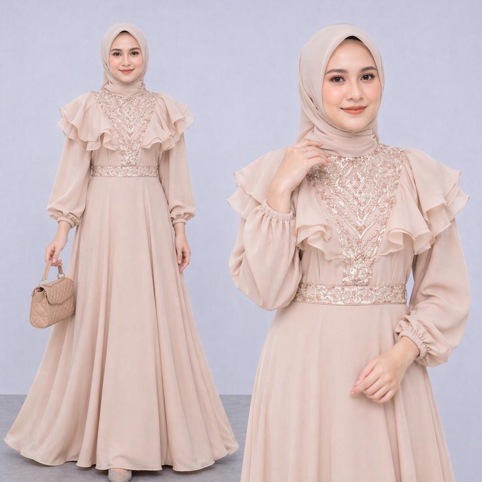 Best Seller R.A - Meghan Dress Gamis Brukat Organza Mewah Gaun Pesta Maxi Muslim Wanita Premium