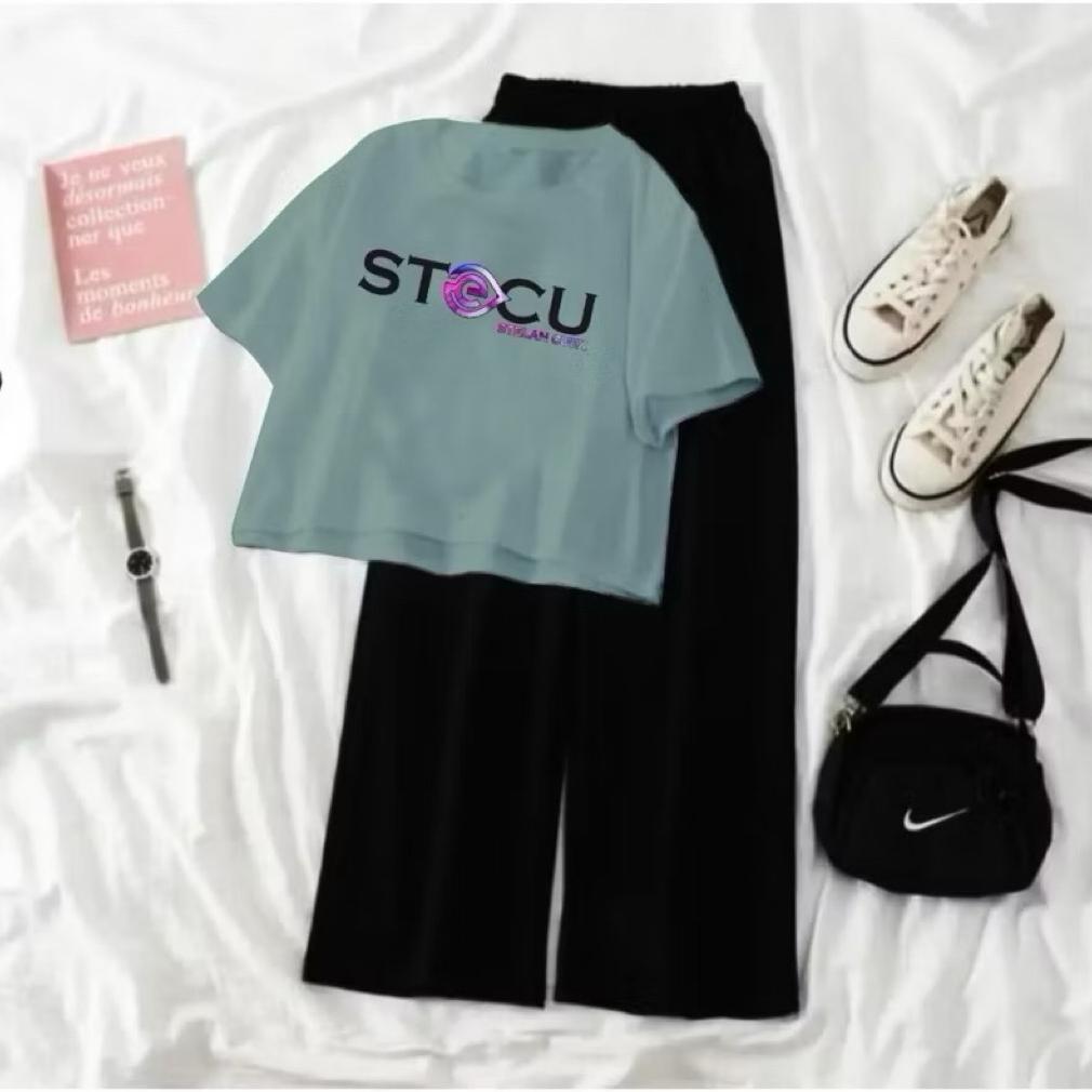 Premium Setelan Crop Stecu Korean Style Kombinasi Celana Panjang
