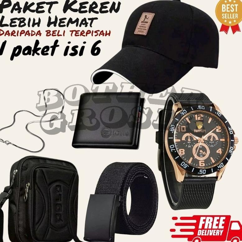 (Promo Paket Istimewa Pria Keren Combo Star Pria Terbaru ) 6 In 1/Jam Tangan Pria Keren Beli Jam Tan