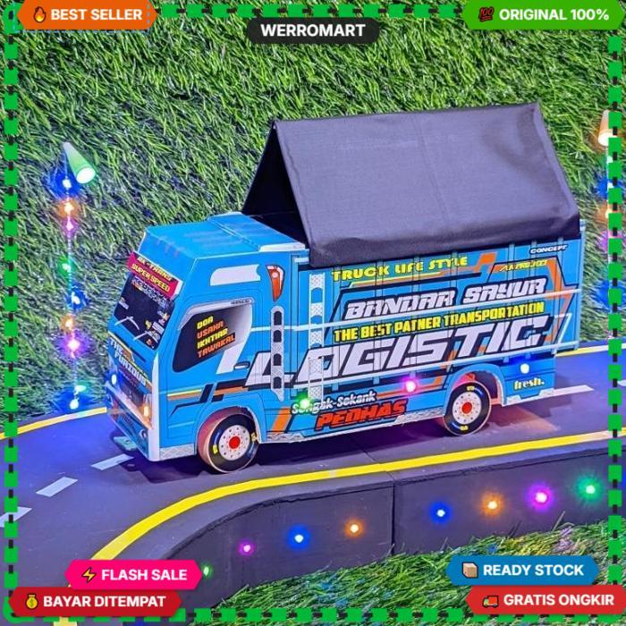 Truk Oleng Miniatur Kayu Asli Full Variasi New Tawakal 5 Putih Lampu Kelap Kelip Terpal Roda Kayu Ma