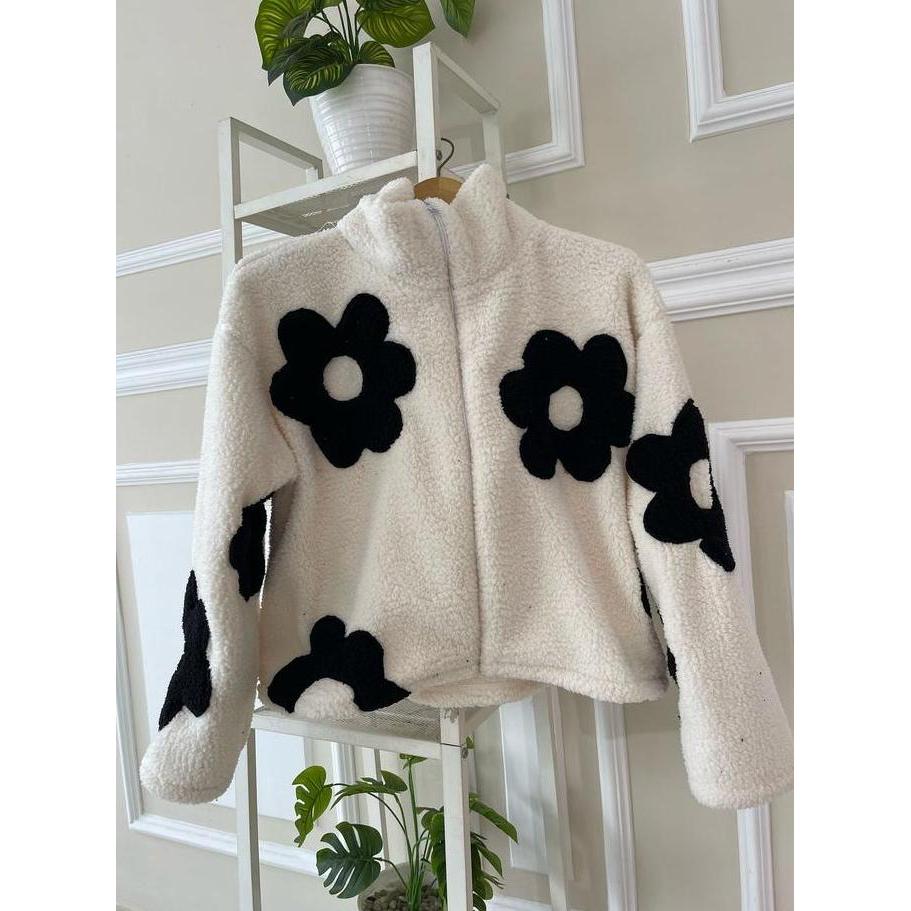 Sweater Jaket Wanita Zipper Kerah Flower Crop Shea Bulu Domba