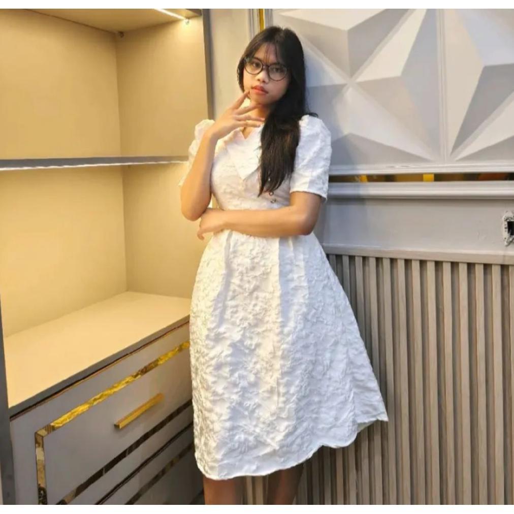 Sale New Arival Midi Dress Gaun Wanita Jacquard Emboss Tunik Elegan Pesta Gereja Mewah Dress Natal T