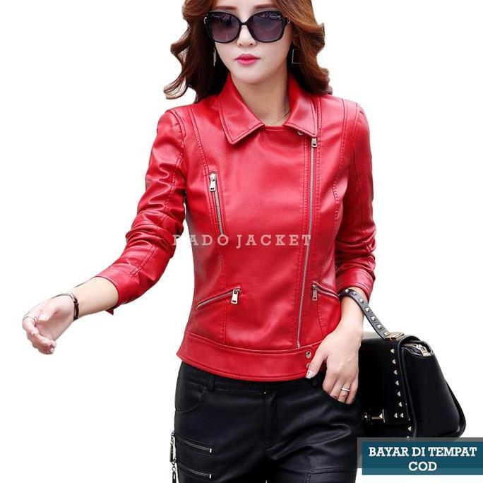 Jaket Wanita Kulit Sintetis Jessica Merah PU Faux Leather Import Orinal Casual Cewek Korea Trendy
