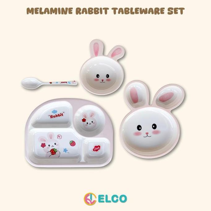 ELCO Premium Melamine Rabbit kids tableware set plate bowl cup spoon / alat makan anak premium melam