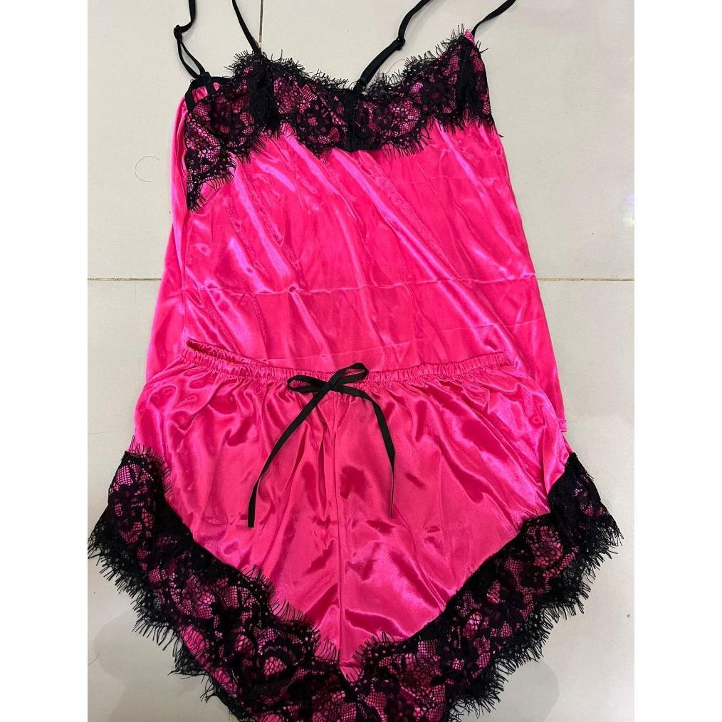 Limited Stelan Piyama Baju Tidur Wanita Tali Satu Celana Pendek Satin Renda #15