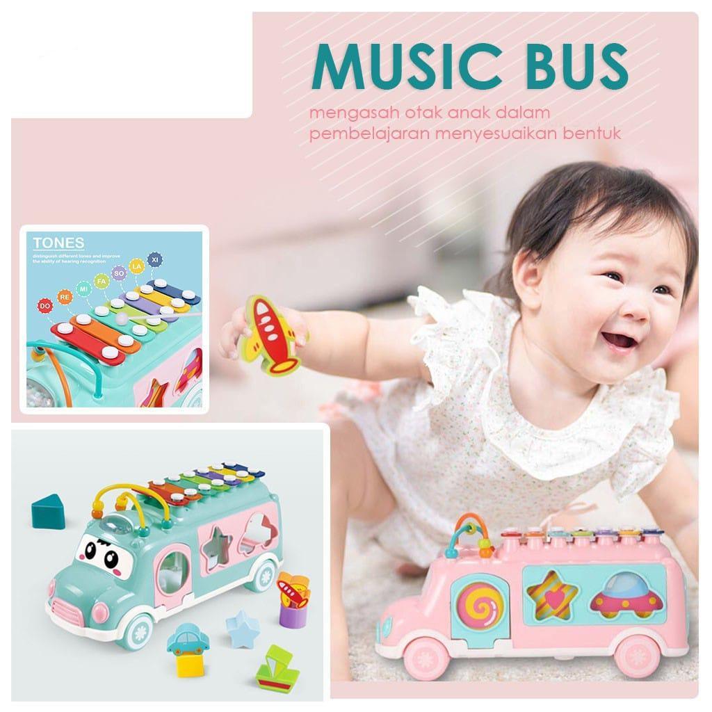 Mainan Edukasi Anak Xylophone Bus/Mengenal Bentuk Puzzle/Music Bus Xylophone