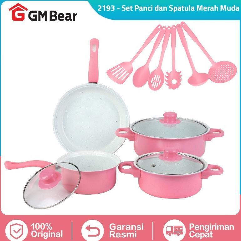GM Bear Set Panci dan Spatula Merah Muda 2193 - Wajan Penggorengan Spatula Set Frypan Saucepan