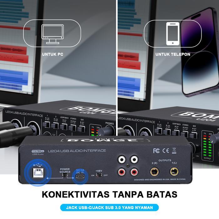 BOMGE U204 AUDIO INTERFACE SOUNDCARD USB DENGAN MIKROFON PREAMPLIFIER PORT XLR/TSR/TS, RESOLUSI 48V,