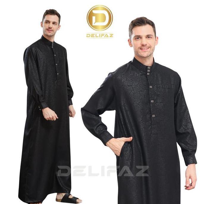 Delifaz Jubah Emirat Gamis Pria Dewasa Lengan Panjang Manset Thobe Arab Kain Embos Super Adem Nyaman