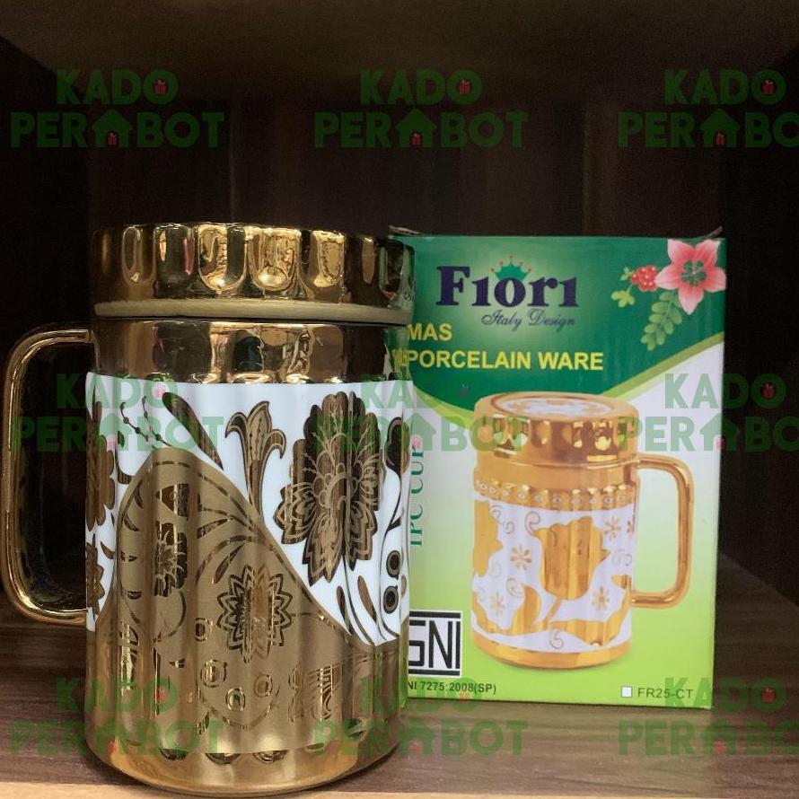 Mug Emas Fiori-Cangkir Tutup Keramik-Cangkir Emas Cantik