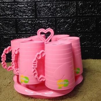 Gelas Gagang Pink Love Isi 6 + Rak Gelas Golden Lemon