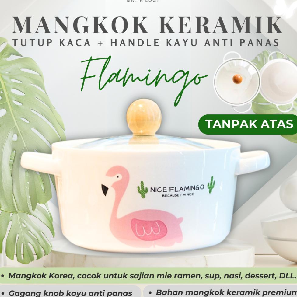 Mangkok Korea Aesthetic Mangkok Keramik Tutup Kaca Flamingo Handle Tahan Panas 800Ml Kado Lucu Mangk