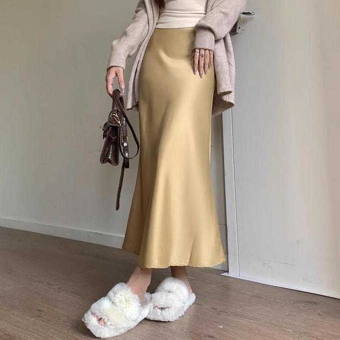 #LOVELIA Rok Satin Silk Duyung Pinggang Tinggi Resleting SeksiAcetic Satin skirt Satin fishtail over