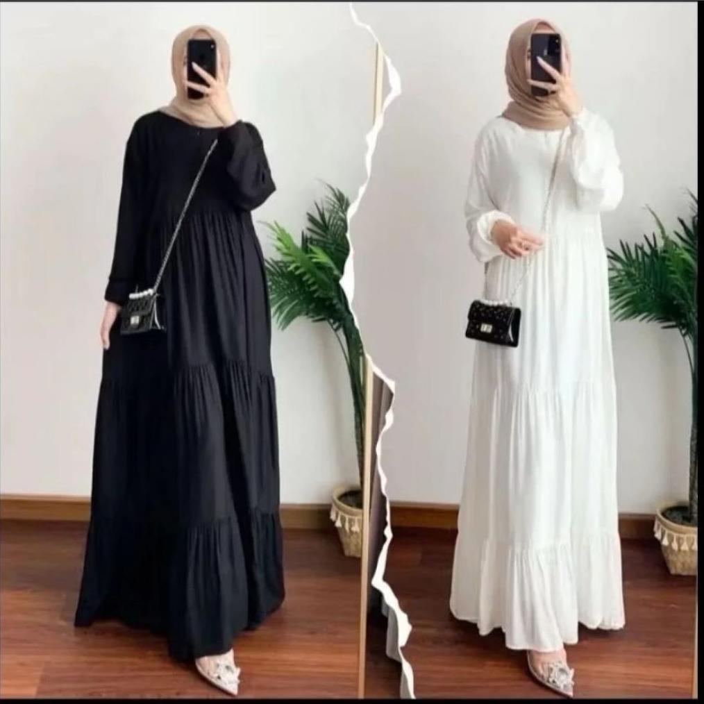 MURAH GAMIS HITAM PUTIH REMPEL SUSUN BAHAN RAYON PREMIUM / BUSANA MUSLIMAH TERBARU / GAMIS TERBARU