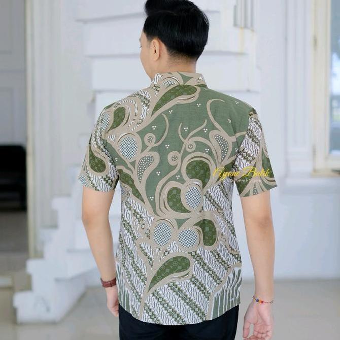 SALE Hem batik pria slim fit MAHAMERU SAGE batik pria lengan pendek warna hijau sage kemeja batik pr