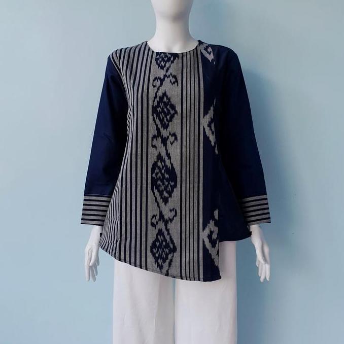 DISKON Shanaya Batik Blus Tenun Troso Ori Kombi Toyobo Warna Navy Blouse Batik Kerja Cantik seragam 