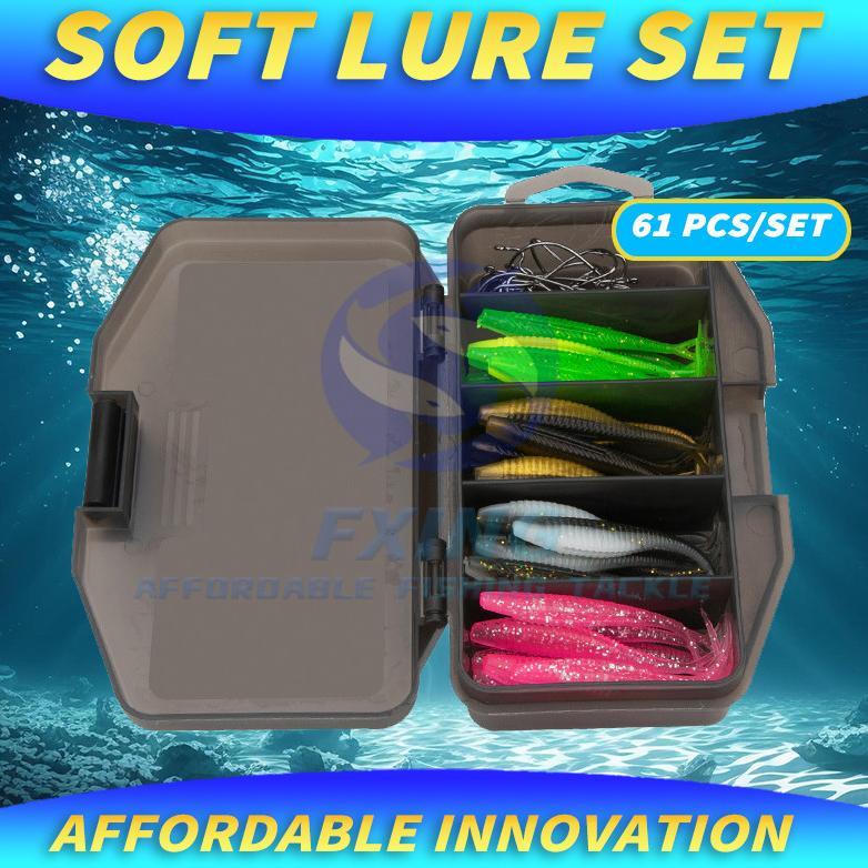 61pcs/set umpan pancing lure casting softlure kail worm umpan casting set box- FX584