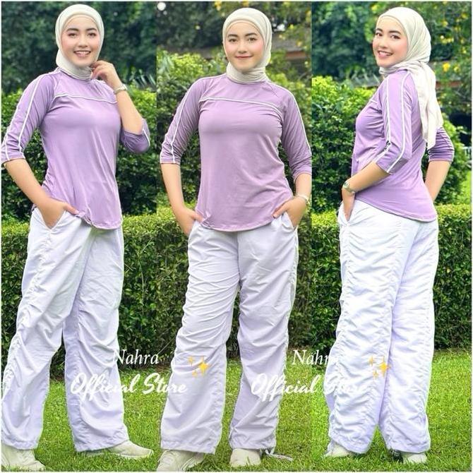 Mantapbetul- Nahra Setelan Atasan Double List & Cargo Ritzuka - Baju Senam Bahan Spandek & Celana Ba