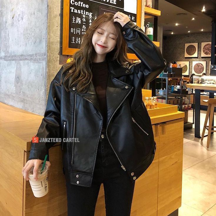 DISKON JNK x NYC - Jaket Kulit Oversize Leather Jacket Women Wanita Korean Jumbo Oversized Crop Asli