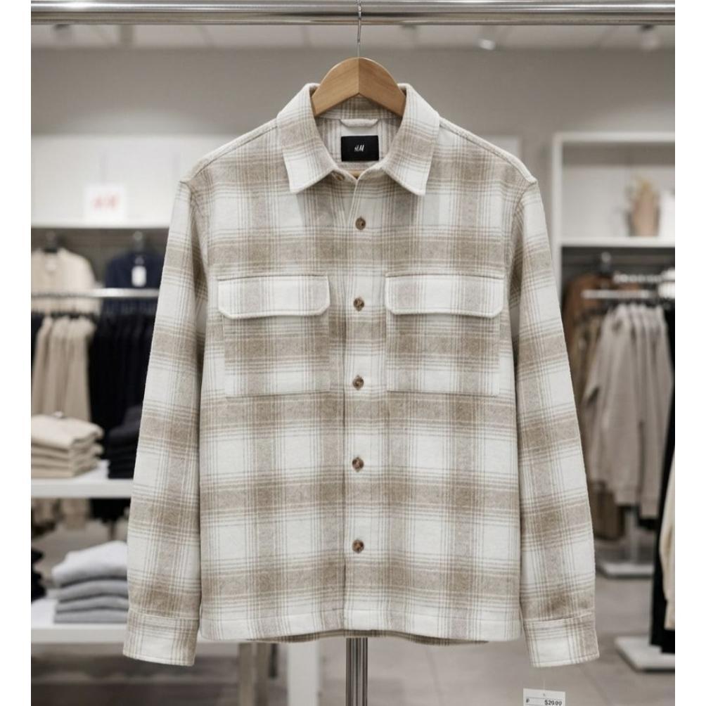 NEW PRODUCT HM Overshirt Shacket Flannel Pria Original Beige Plaid Kemeja Kotak-Kotak Tebal Premium 