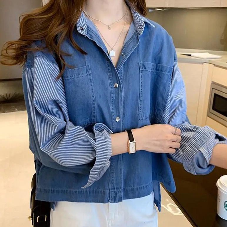 Sale Kemeja Jeans Denim  Oversize Atasan Wanita Kombinasi Salur / Kemeja Jeans Wanita Oversize