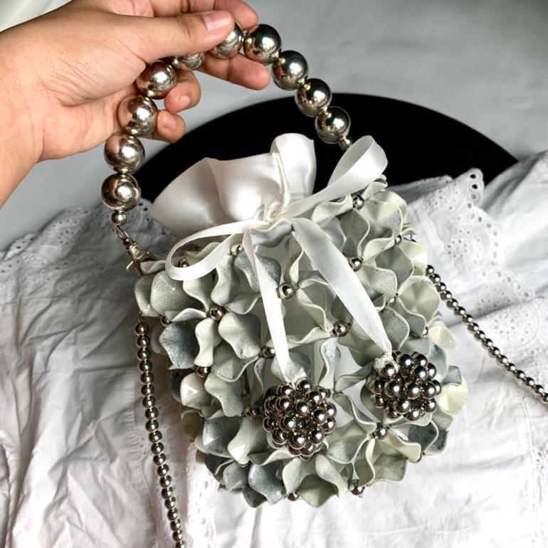 PROMO TERBARU Beaded Bag Bucket Warna Silver Berbagai Ukuran