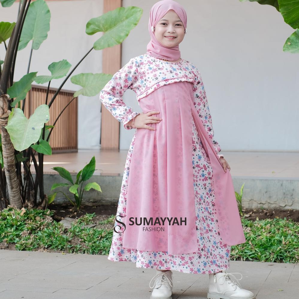 hot sumayyah- gamis anak set hijab pashmina shakila motif bunga mix ceruty babydoll usia 3-10 tahun