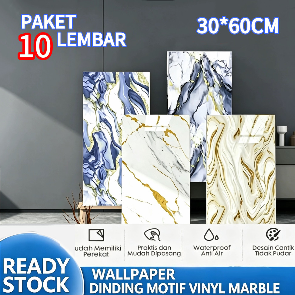 Wallpaper Vinyl Marble Stiker Keramik Marmer 60x30cm 10 Lembar Premium Waterproof Anti Jamur Mudah D