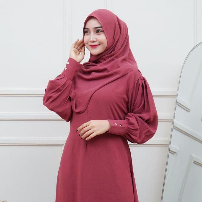 Set Hijab Cinkle Airflow Polos R-DAFA Gamis Delina dengan Resleting, Tali Samping - Putih, Hitam, Na