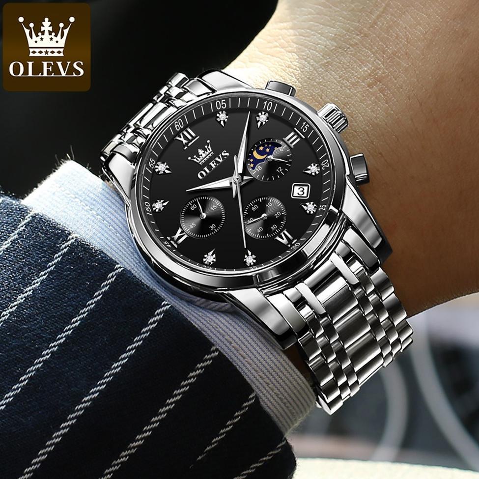 TERBARU OLEVS Jam Tangan Pria Anti Air Original Stainless Steel Chrono Aktif Cowok Luminous Kalender