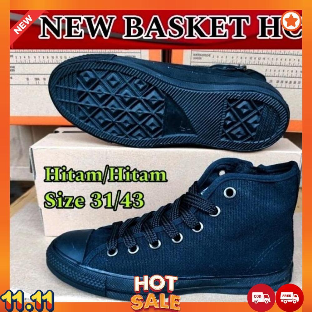 SEPATU SEKOLAH KERJA KULIAH PRIA WANITA HITAM POLOS NEW BASKET HC TINGGI TALI SIZE 31 SD 42 ORIGINAL