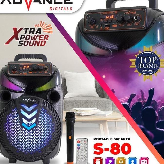 Promo Advance Speaker S80 Karaoke Mic Wireless Led Bass Stereo Portable Dengan Mikrofon Nirkabel Dan