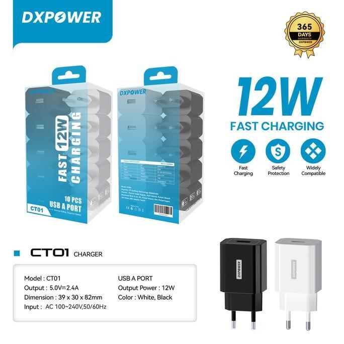 DXPOWER CT01 Charger Travel 10PCS 1 USB 2.4A Original Hitam Putih Input AC 100-240V Output 5V 2.4A M